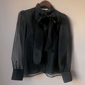 Sheer Organza, Bow Tie Neck Button Down Blouse with long sleeves Size L